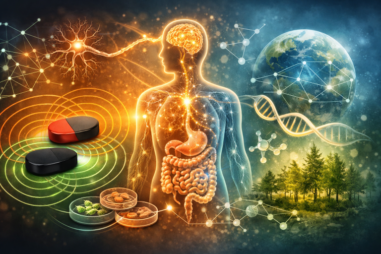 Ilustración conceptual del Par Biomagnético aplicada a los sistemas biológicos complejos, mostrando el cuerpo humano como una red interconectada de sistemas (nervioso, digestivo e inmunológico) en interacción con campos magnéticos y patrones de regulación.