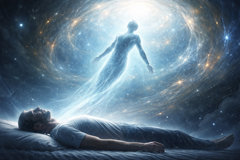 Conciencia humana separándose del cuerpo y cuestionando el relato científico oficial
