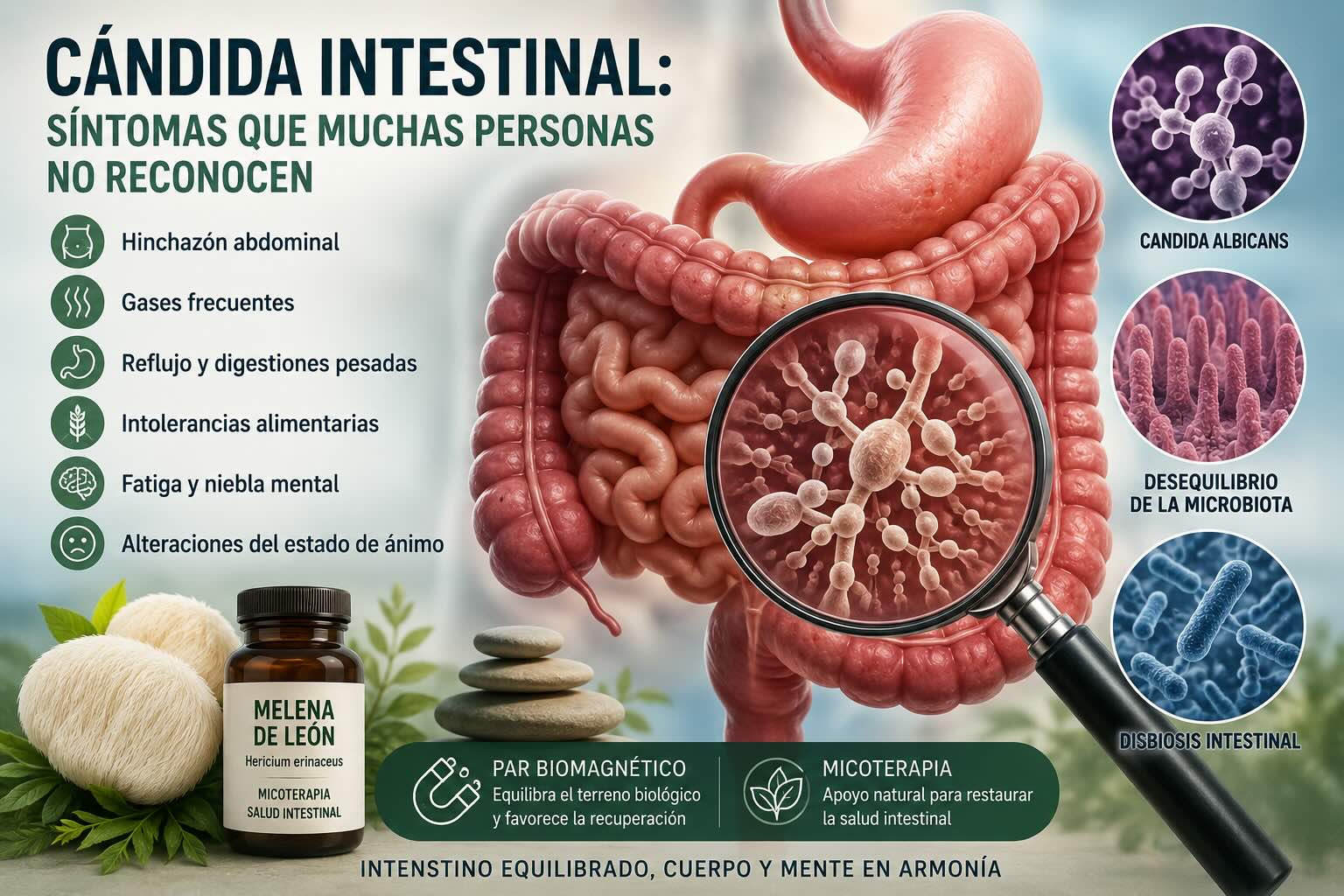 Cándida intestinal, microbiota intestinal y síntomas digestivos relacionados con el equilibrio del sistema digestivo.